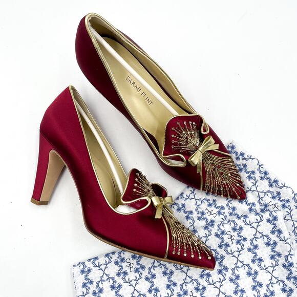 Sarah Flint Shoes - Sarah Flint Perfect Madeleine 85 Pumps Red Pointed Gold Bow Beaded Sz 41 / 10 US